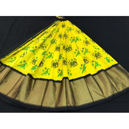 Alluring Pochampally Ikat Beautiful Yellow Colour Golden Border Big Size Lehanga for Women
