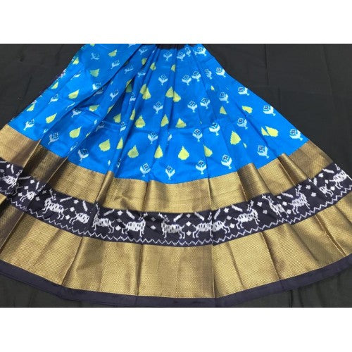 Alluring Pochampally Ikat Beautiful Blue Colour Golden Border Big Size Lehanga for Women