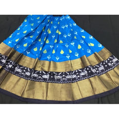 Alluring Pochampally Ikat Beautiful Blue Colour Golden Border Big Size Lehanga for Women