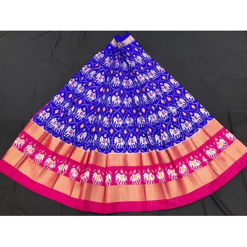 Alluring Pochampally Ikat Beautiful Dark Blue Colour Pink Border Big Size Lehanga for Women