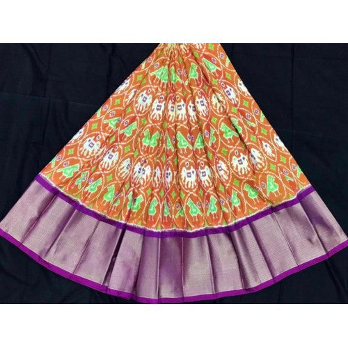 Alluring Pochampally Ikat Beautiful Orange Colour Purple Border Big Size Lehanga for Women