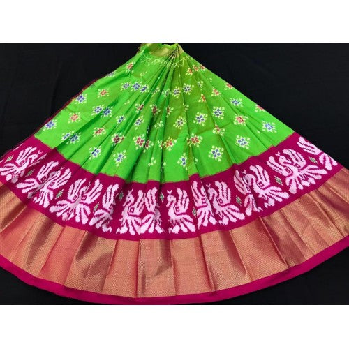 Alluring Pochampally Ikat Beautiful Light Green Colour Pink Border Big Size Lehanga for Women
