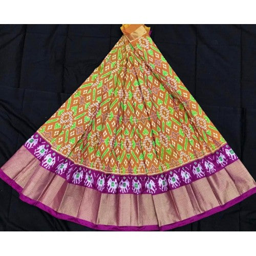 Alluring Pochampally Ikat Beautiful Orange Colour Pink Border Big Size Lehanga for Women