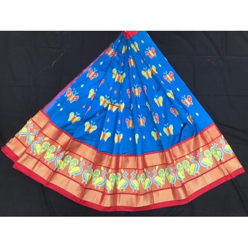 Alluring Pochampally Ikat Beautiful Dark Blue Colour Red Border Big Size Lehanga for Women