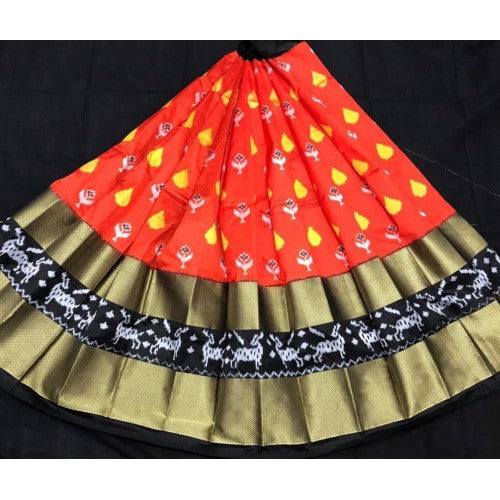 Alluring Pochampally Ikat Beautiful Orange Colour Golden Border Big Size Lehanga for Women