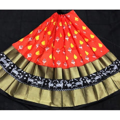 Alluring Pochampally Ikat Beautiful Orange Colour Golden Border Big Size Lehanga for Women