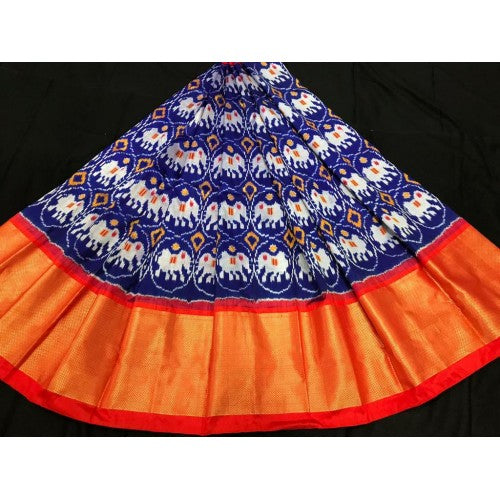 Alluring Pochampally Ikat Beautiful Dark Blue Colour Orange Border Big Size Lehanga for Women