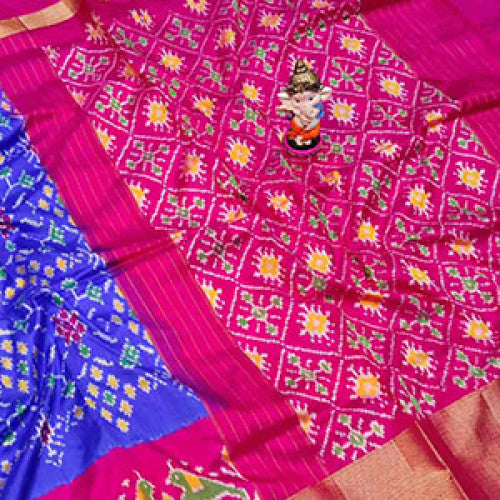 Pochampally Ikat Blue Saree With Pink Anchal