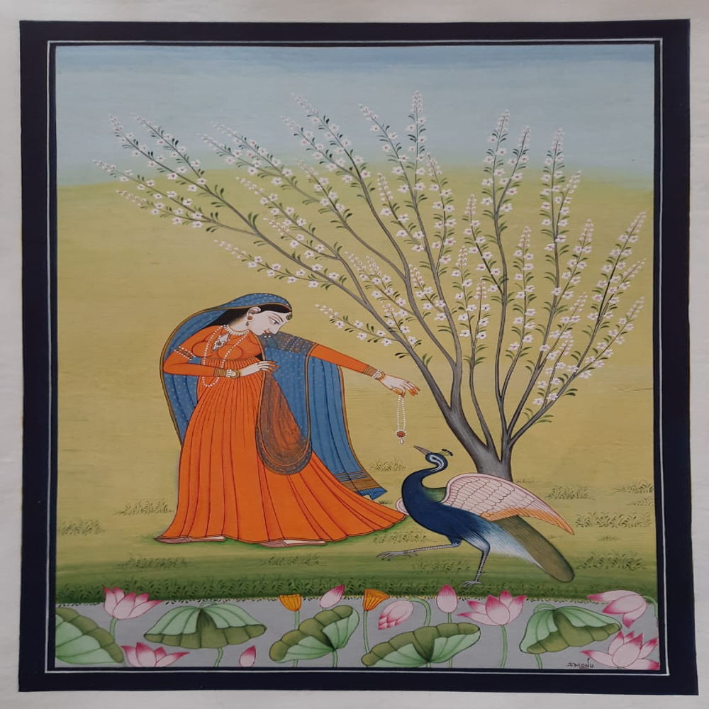 Pretty Lady Holding Necklace & Peacock painting(8x12 inch)