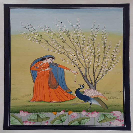 Pretty Lady Holding Necklace & Peacock painting(8x12 inch)