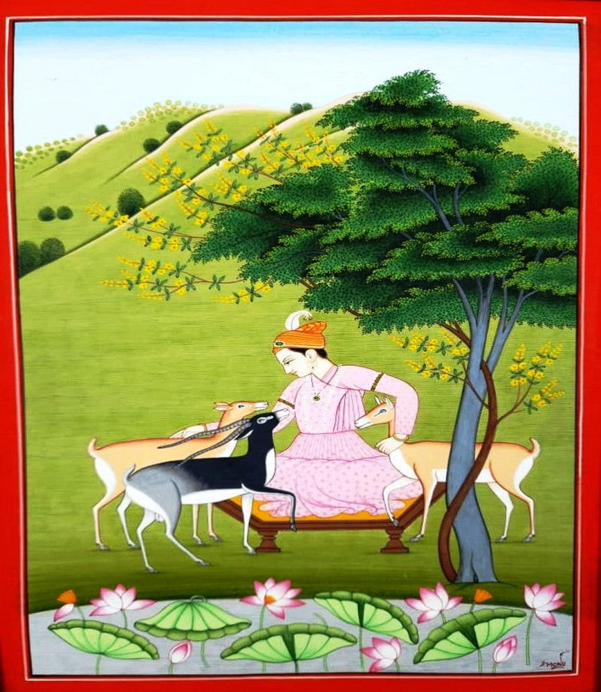 Prince With Beautiful Deers Kangra painting(8x12 Inch)