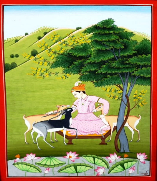 Prince With Beautiful Deers Kangra painting(8x12 Inch)