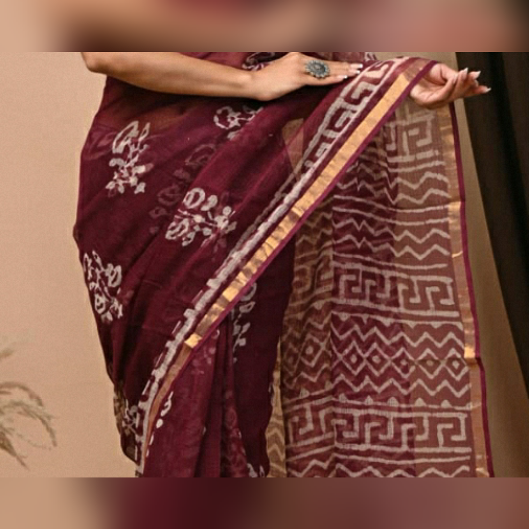 Printed Kota Doria Pure Cotton Saree in Maroon Colour