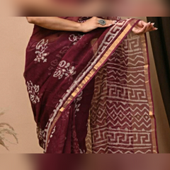 Printed Kota Doria Pure Cotton Saree in Maroon Colour