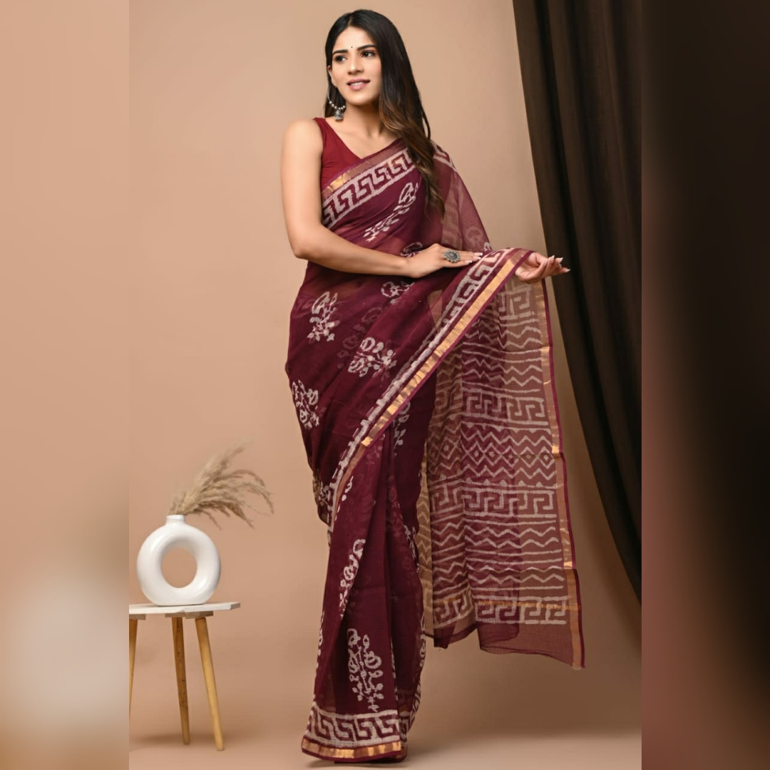 Printed Kota Doria Pure Cotton Saree in Maroon Colour