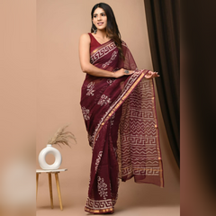 Printed Kota Doria Pure Cotton Saree in Maroon Colour