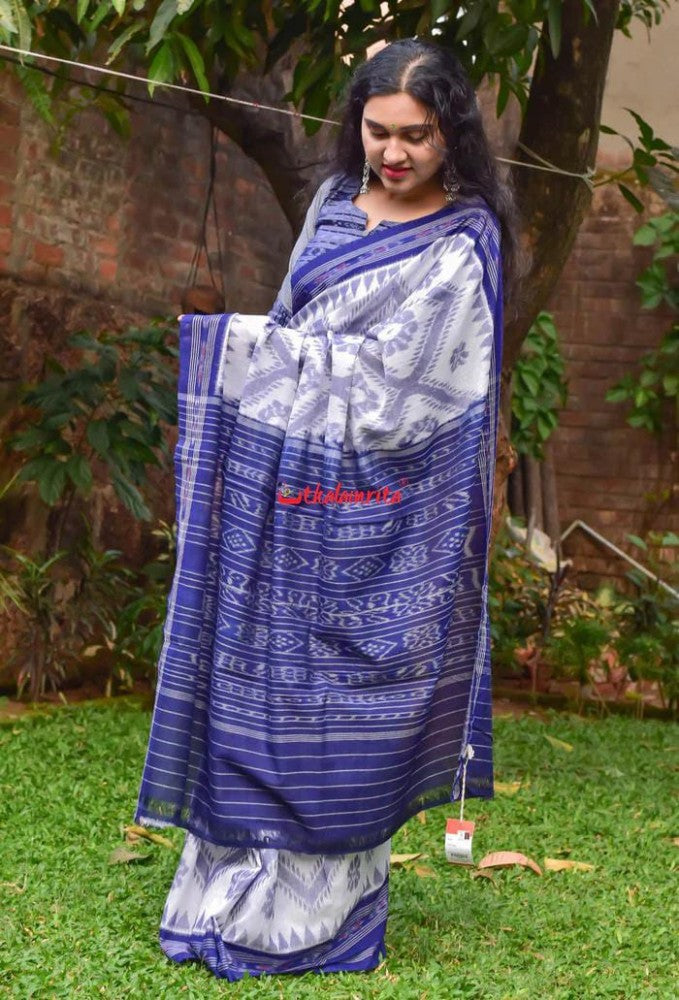Printed White With Blue Odisha Ikkat