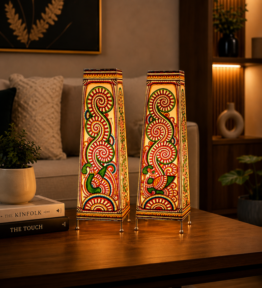 Andhra Pradesh Leather Puppetry Peacock Design Decorative Showpiece Lamp (Set of 2)