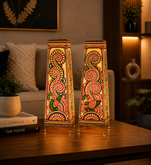 Andhra Pradesh Leather Puppetry Peacock Design Decorative Showpiece Lamp (Set of 2)
