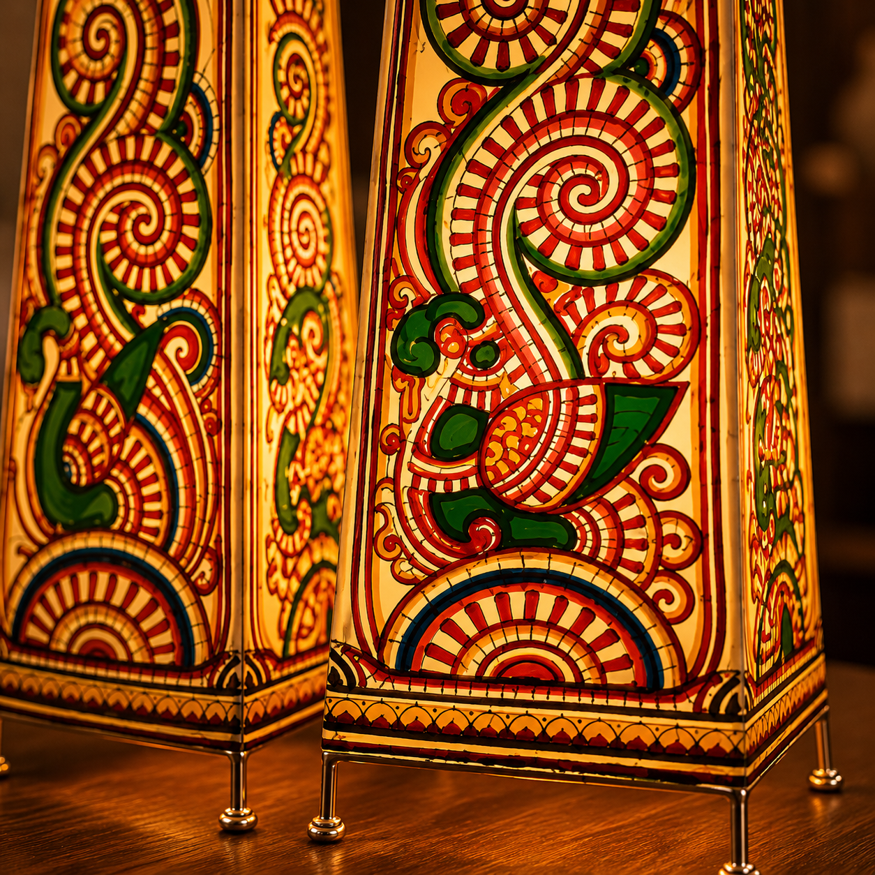 Andhra Pradesh Leather Puppetry Peacock Design Decorative Showpiece Lamp (Set of 2)