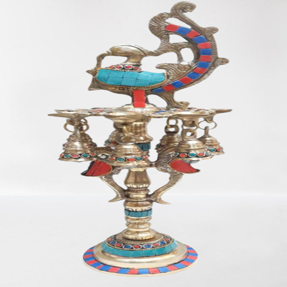 Pure Brass Peacock Design With Stonework Diya