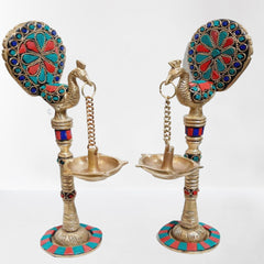 Brass Finish Peacock Deepak Pair With Stone Work