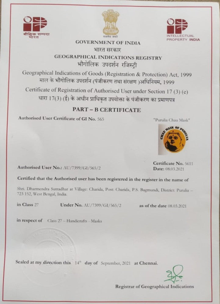 Delightful Handmade Yellow Goddess Durga Face Purulia Chau Mask For Decoration Purpose