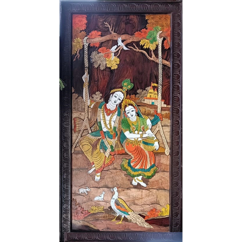 Radha & Krishna On Jhula Mysore Rosewood Inlay Painting