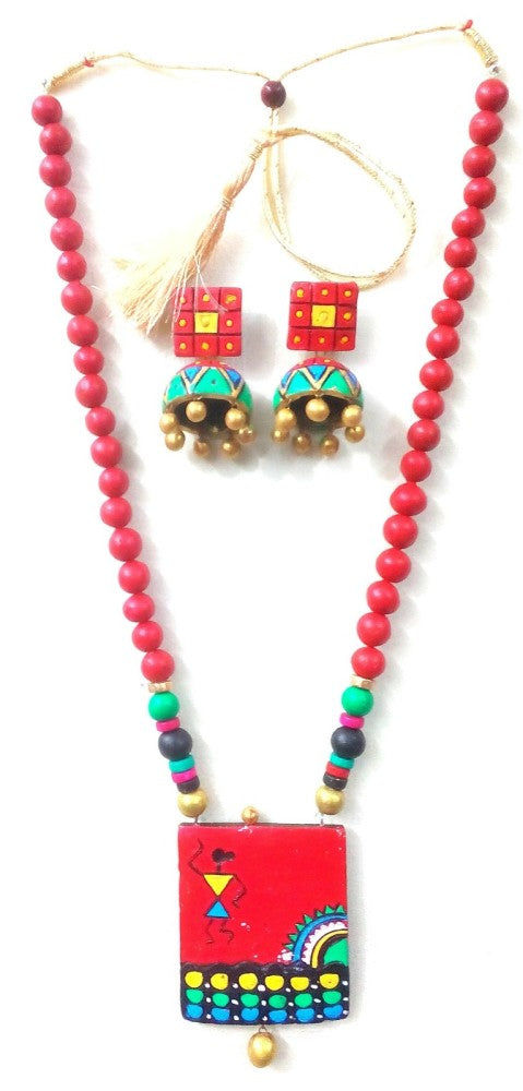 Red And Green Bankura Panchmura Terracotta Craft Necklace Jewellery Set