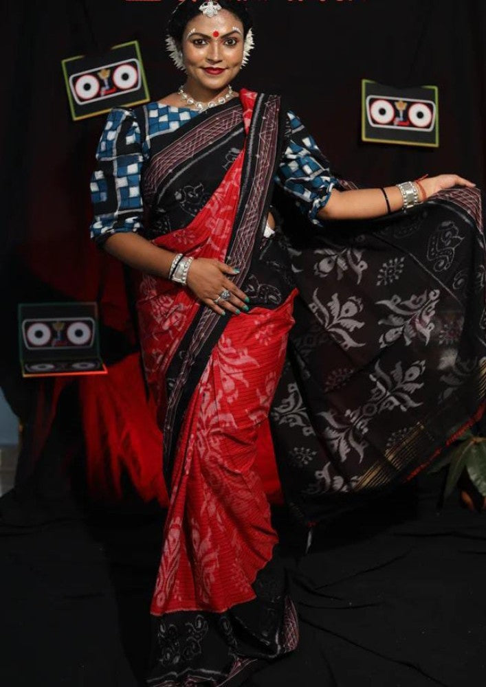 Red Black Shankh Khandua Cotton Saree