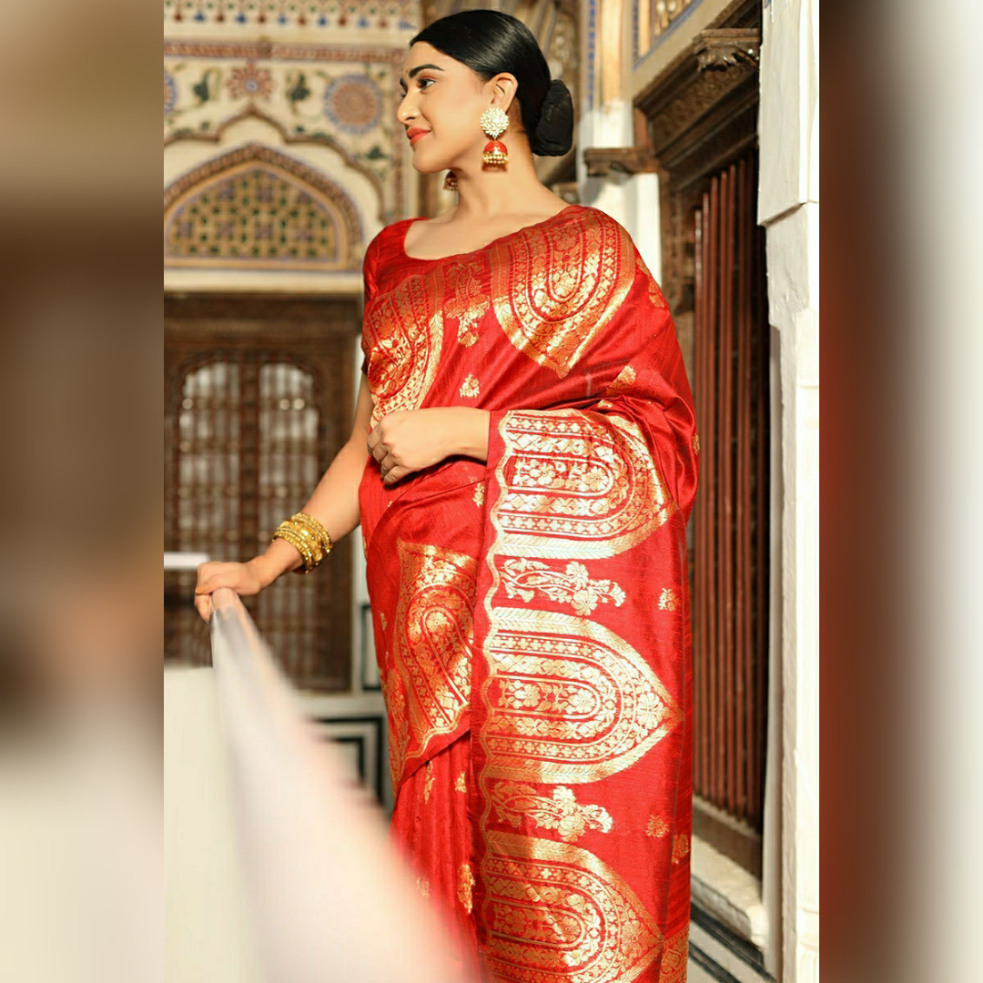 Red Colour Kota Doria Pure Silk Saree With Zari Work
