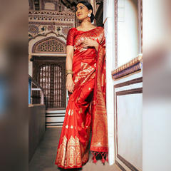 Red Colour Kota Doria Pure Silk Saree With Zari Work