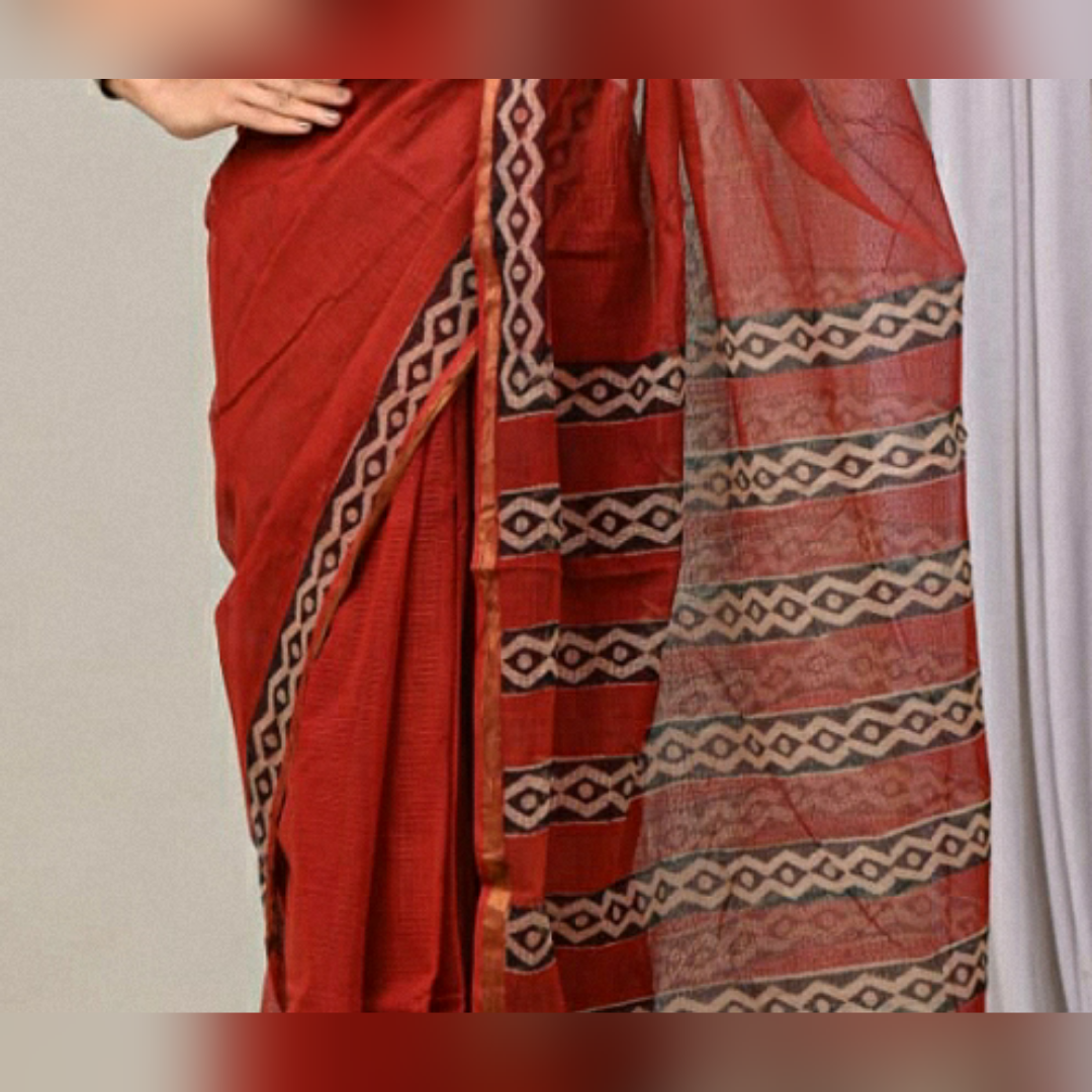 Red Colour Printed Kota Doria Pure Cotton Saree