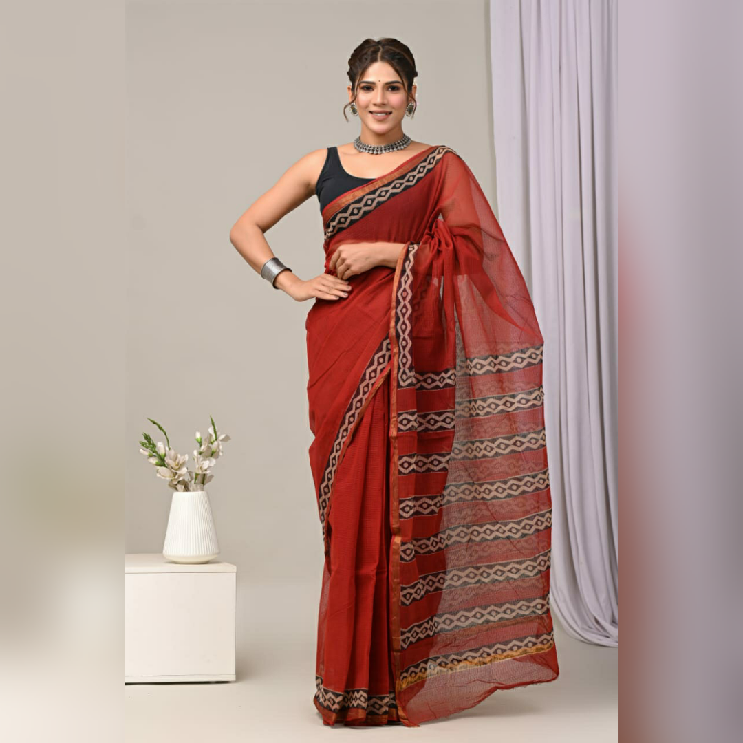 Red Colour Printed Kota Doria Pure Cotton Saree