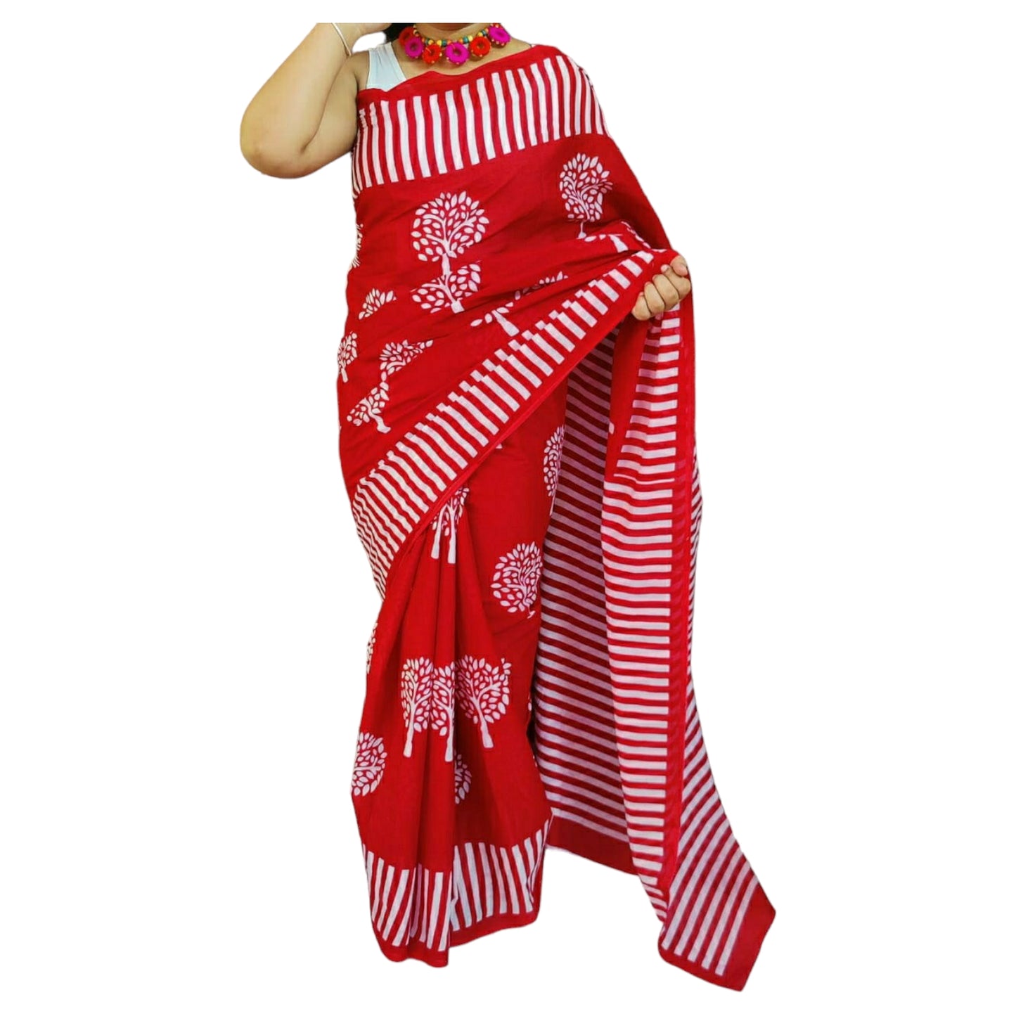 Red Colour with White Tree Bagru Print Saree