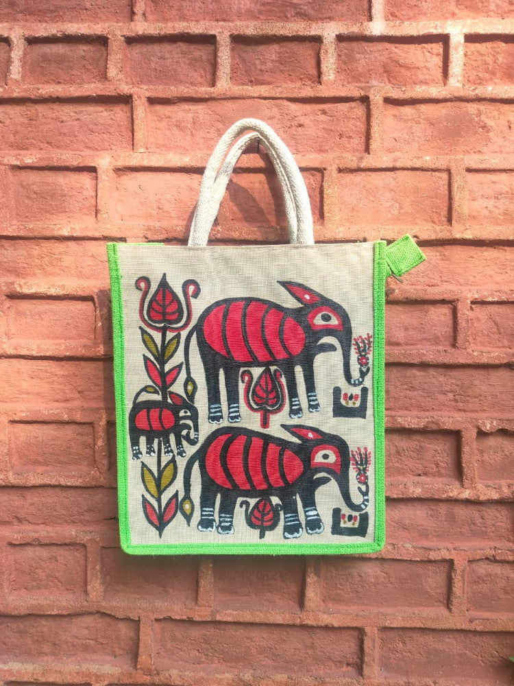 Red & Off White Khovar Jute Bag