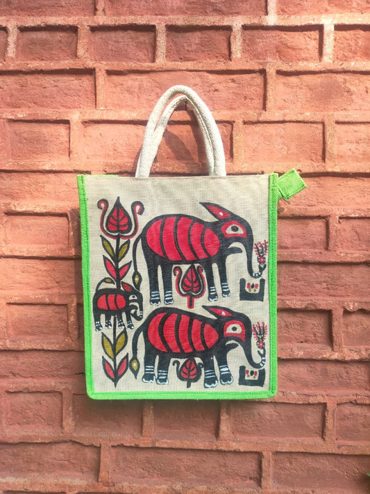Red & Off White Khovar Jute Bag