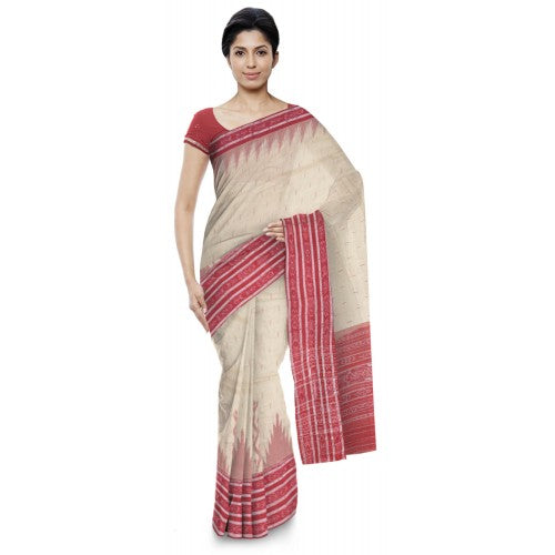 Delightful Off-White with Red Shades Cotton Sambalpuri Bandha Saree for Women