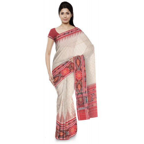 Attractive Off-White Sambalpuri Bandha Saree with Red Border for Women