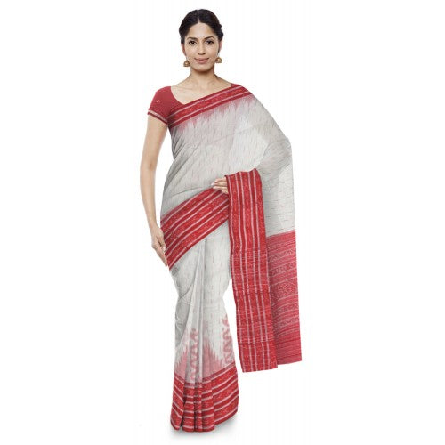 Beautiful White Cotton Sambalpuri Bandha Saree With Red Border For Women