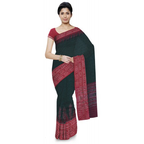 Attractive Green Sambalpuri Bandha Saree With Red Border For Women
