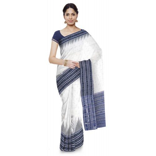 Ravishing White Sambalpuri Bandha Saree With Blue Border For Women