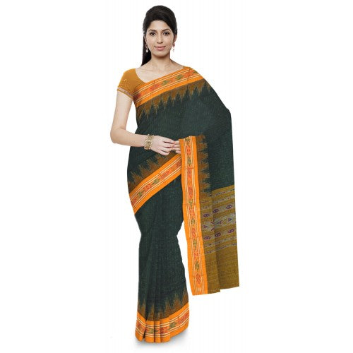 Stunning Olive Green Sambalpuri Bandha Saree With Orange Border For Women