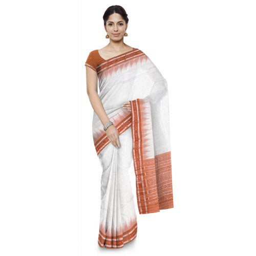 Amazing White Sambalpuri Bandha Saree with Orange Border for Women