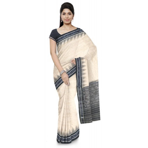 Off-White Sambalpuri Bandha Saree With Black Border For Women