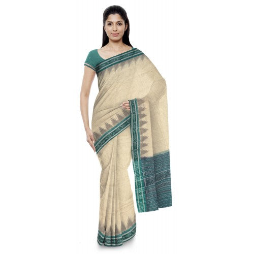 Numb Off-White Sambalpuri Bandha Saree With Green Border For Women