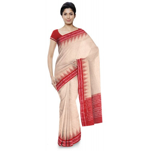 Amazing Off-White Sambalpuri Bandha Saree with Red Border for Women