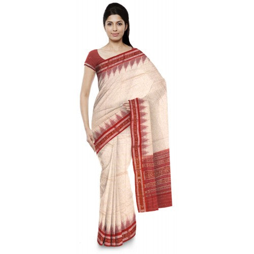Attractive Off-White Sambalpuri Bandha Saree with Red Border for Women