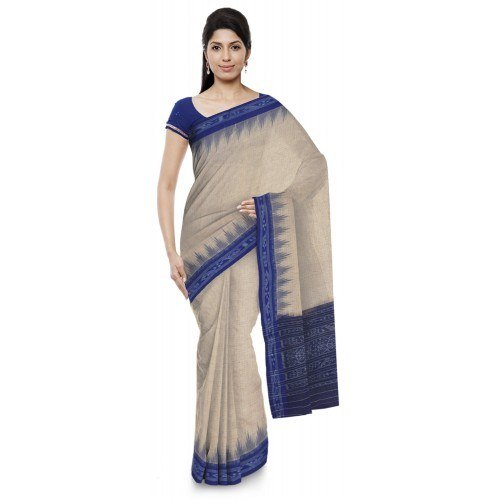 Attractive Off-White Sambalpuri Bandha Saree with Blue Border for Women