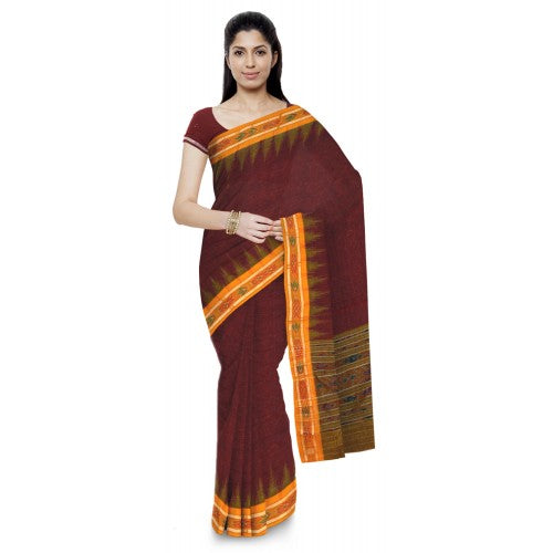 Beautiful Maroon Sambalpuri Bandha Saree with Orange Border for Women